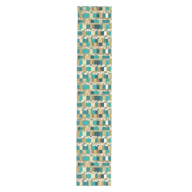 Teal Green And Gold Geometric Pattern With Flowers Medium Table Runner (Front)