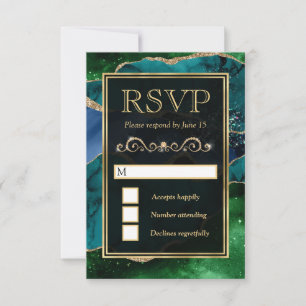 Teal, Green and Gold Glitter Agate Wedding RSVP Card