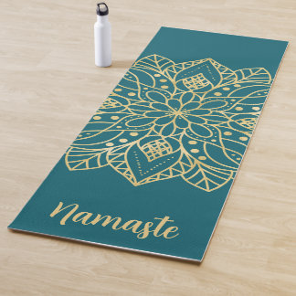 Teal Green and Gold Mandala Flower Custom Name Yoga Mat