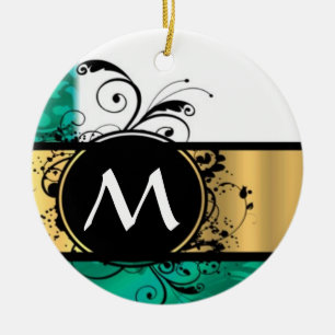 Teal green and gold monogram ceramic tree decoration