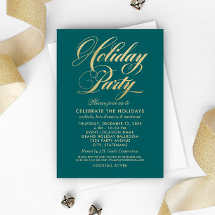 Teal Green and Gold Script Holiday Party Invitation