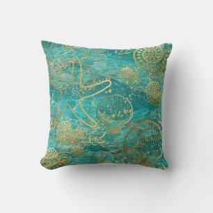 Teal Green and Gold Starfish Beachy Seashells Cushion