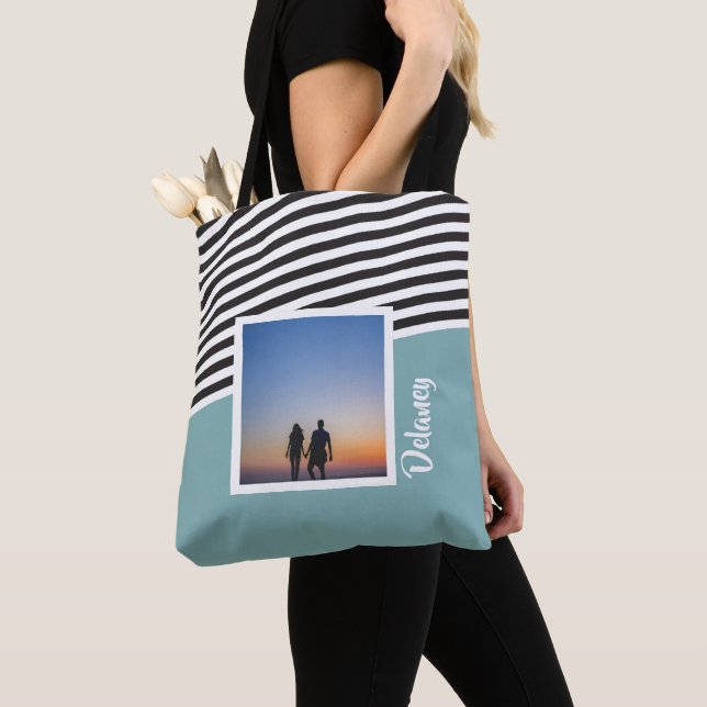 Teal Green and Striped Pattern Personalised Photo Tote Bag (Close Up)