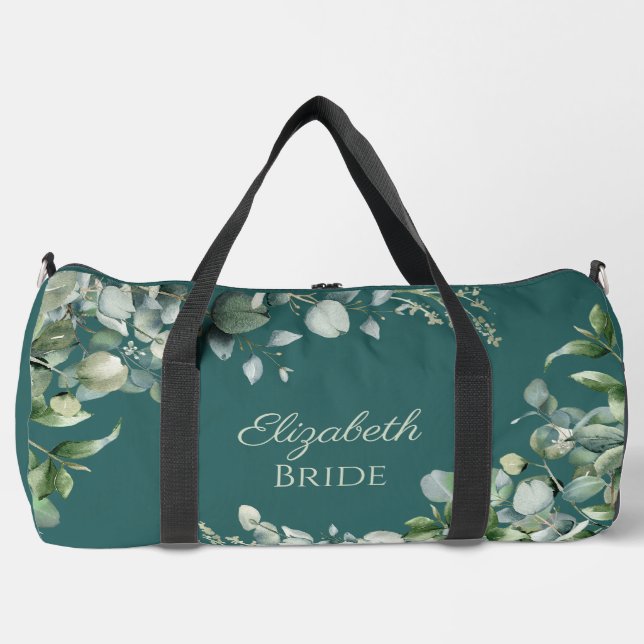 Teal green and white eucalyptus bride large duffle bag (Front)