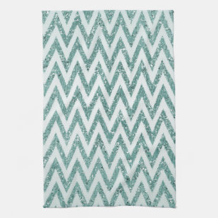Teal Green and White Faux Glitter Zigzag Tea Towel