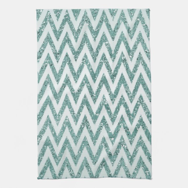 Teal Green and White Faux Glitter Zigzag Tea Towel (Vertical)