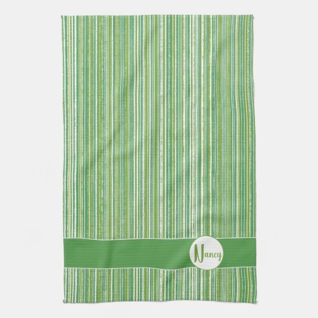 Teal, Green, and White Stripes Monogram Tea Towel (Vertical)