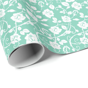 Teal-Green And White Stylised Roses Pattern Wrapping Paper