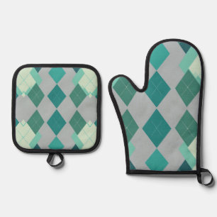 Teal Green Argyle Diamond Pattern Oven Mitt & Pot Holder Set