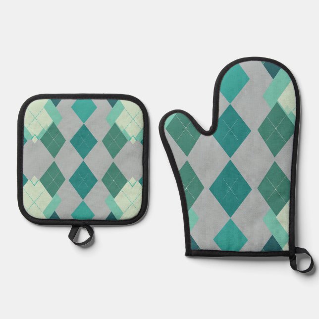 Teal Green Argyle Diamond Pattern Oven Mitt & Pot Holder Set (Front)
