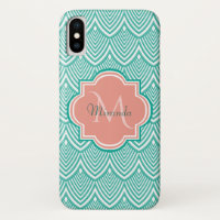 Teal Green Art Deco Fish Scales Pink Monogram Name