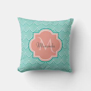 Teal Green Art Deco Fish Scales Pink Monogram Name Cushion