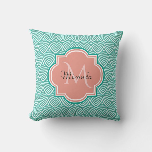 Teal Green Art Deco Fish Scales Pink Monogram Name Cushion (Front)