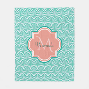 Teal Green Art Deco Fish Scales Pink Monogram Name Fleece Blanket