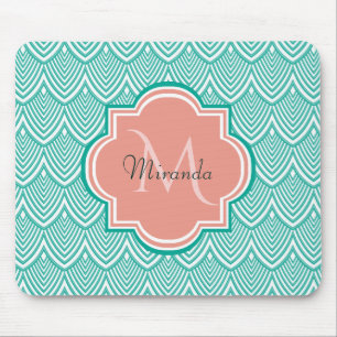 Teal Green Art Deco Fish Scales Pink Monogram Name Mouse Pad