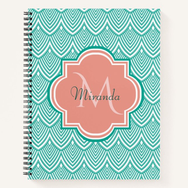 Teal Green Art Deco Fish Scales Pink Monogram Name Notebook (Front)