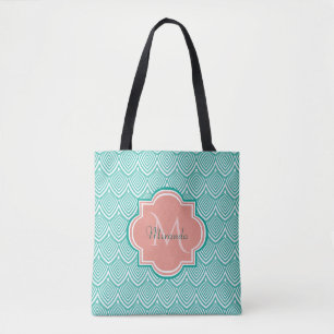 Teal Green Art Deco Fish Scales Pink Monogram Name Tote Bag