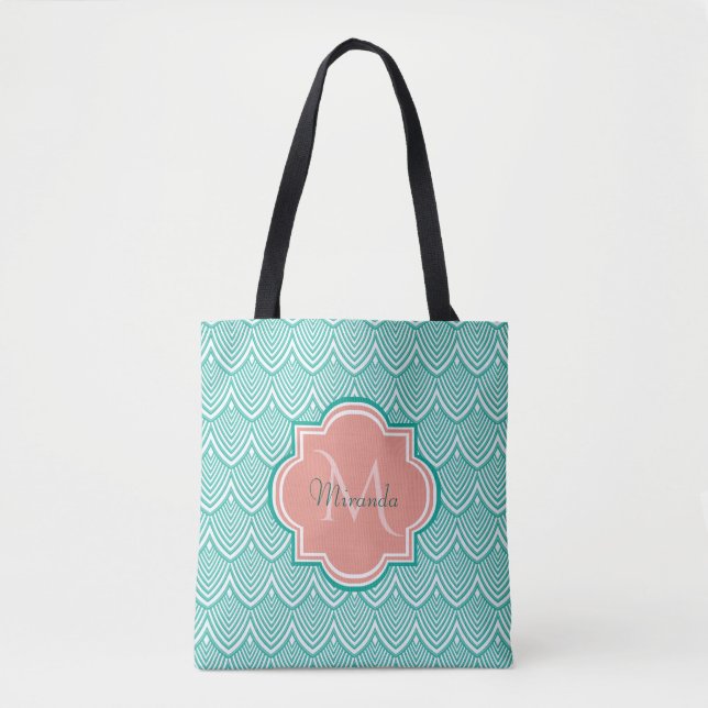 Teal Green Art Deco Fish Scales Pink Monogram Name Tote Bag (Front)