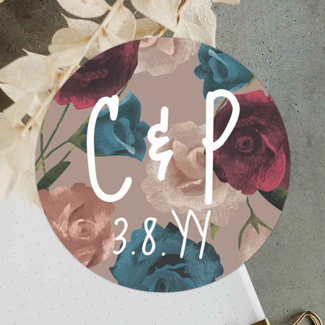 Teal Green Beige Burgundy Wedding Roses Christmas Classic Round Sticker (Wedding Sticker Couple's Initials Date, Botanical Beige Burgundy Teal Roses Monogram Envelope Seal)