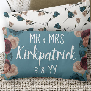 Teal Green, Beige, Burgundy Wedding Roses Newlywed Lumbar Cushion