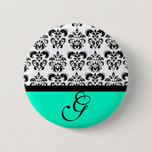 TEAL GREEN BLACK WHITE DAMASK WEDDING MONOGRAM 6 CM ROUND BADGE