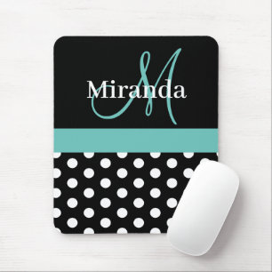 Teal Green Black White Polka Dot Monogram Mouse Pad