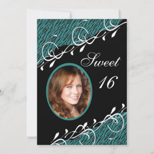 Teal Green & Black Zebra Print Sweet 16 Invitation