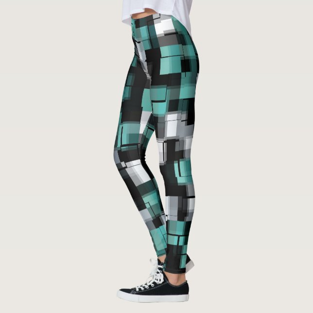 Teal Green Blue Black White Abstract Plaid Leggings (Left)