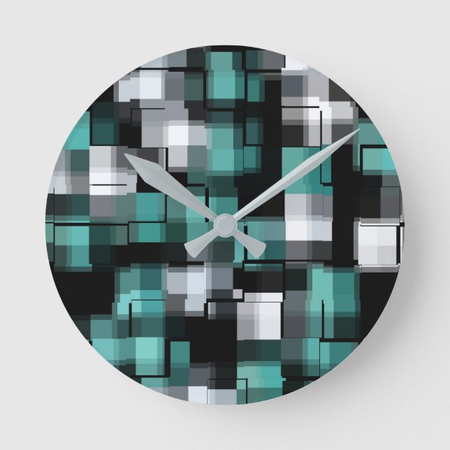 Teal Green Blue Black White Abstract Plaid Round Clock (Front)