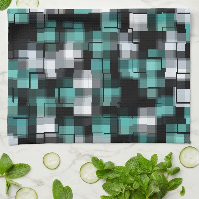 Teal Green Blue Black White Abstract Plaid Tea Towel (Folded)