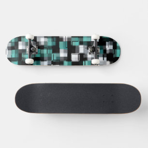 Teal Green Blue Black White Trendy Plaid Pattern Skateboard