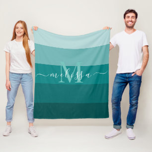 Teal Green Blue Colour block Monogram Style Name  Fleece Blanket