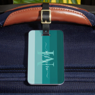Teal Green Blue Colour block Monogram Style Name  Luggage Tag