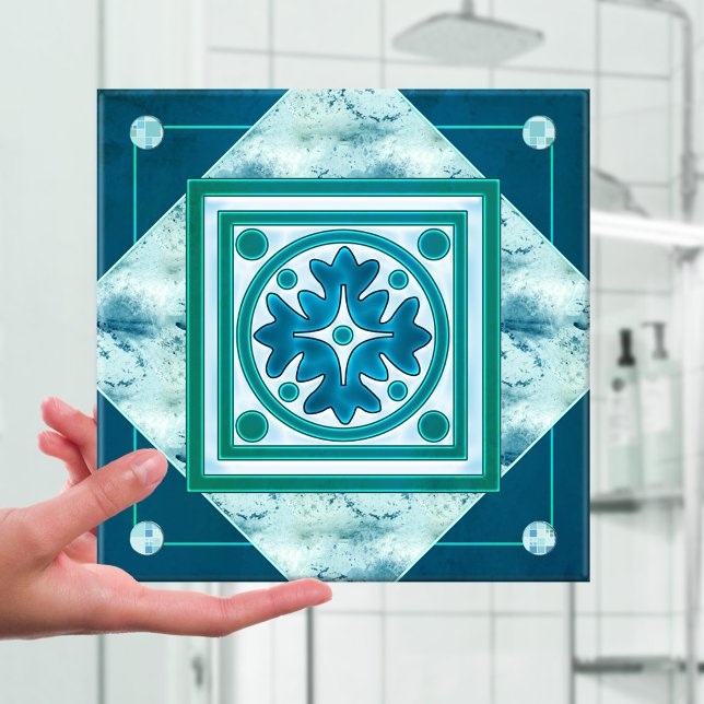 Teal Green Blue Geometric Kitchen or Bathroom Tile (Modern design kitchen or bathroom tile featuring an abstract geometric pattern in teal turquoise)