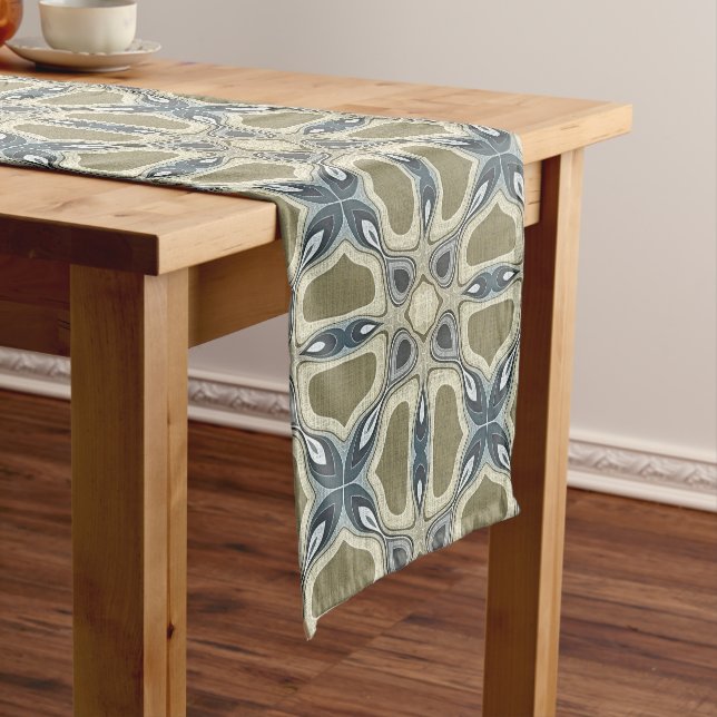 Teal Green Blue Grey Ochre Hip Bohemian Bali Art Short Table Runner (In Situ)