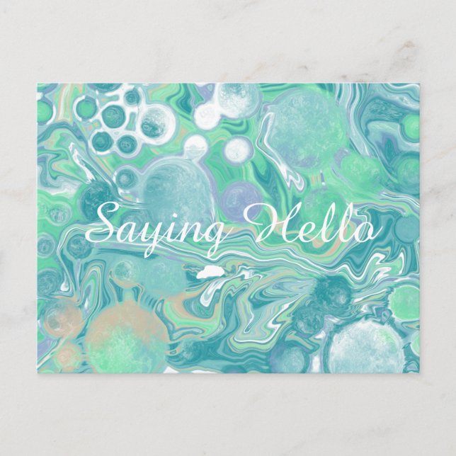 Teal Green Blue Marble Fluid Art  Hello Postcard (Front)