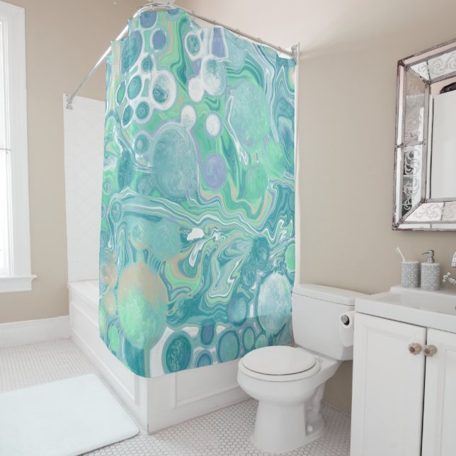 Teal Green Blue Marble Fluid Art  Shower Curtain (In Situ)