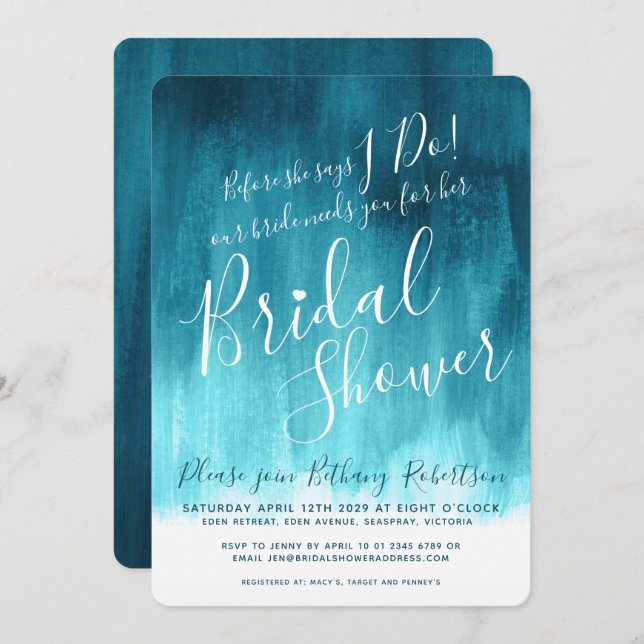 Teal green blue modern art bridal shower invites (Front/Back)