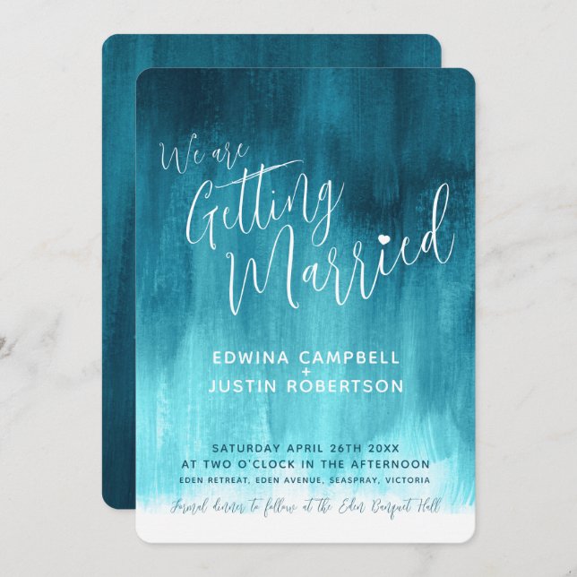 Teal green blue modern art painted wedding invites (Front/Back)