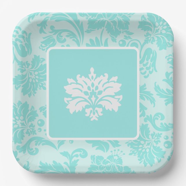 Teal green,blue vintage damask print paper plate (Front)