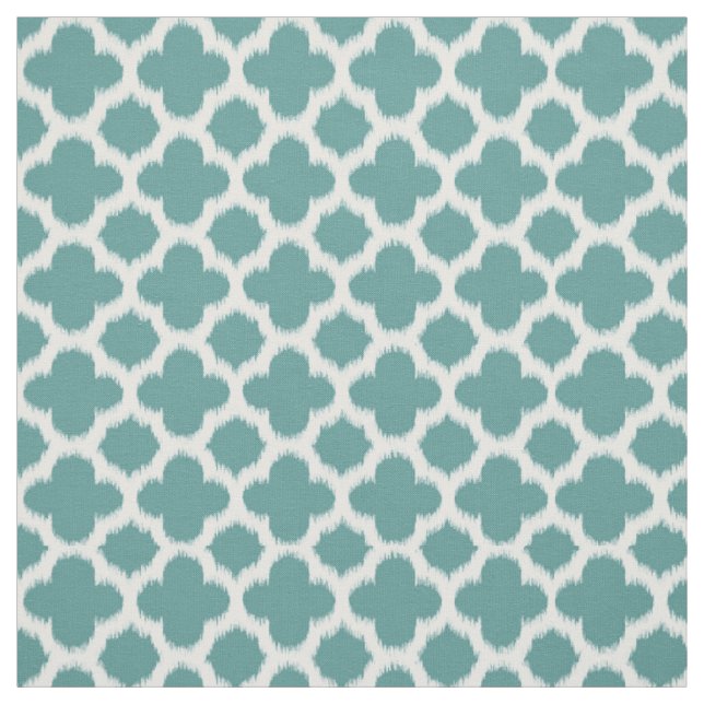 Teal Green Blue White Ikat Quatrefoil Pattern Fabric (Swatch)