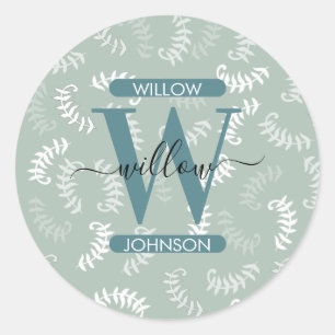 Teal Green Botanical Leaves Monogram Classic Round Sticker