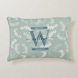 Teal Green Botanical Leaves Monogram Decorative Cushion