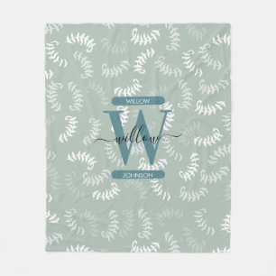 Teal Green Botanical Leaves Monogram Fleece Blanket