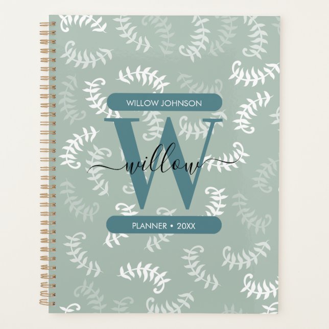 Teal Green Botanical Leaves Monogram Planner (Front)