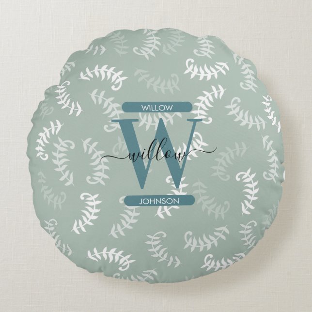 Teal Green Botanical Leaves Monogram  Round Cushion (Front)