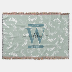 Teal Green Botanical Leaves Monogram  Throw Blanket