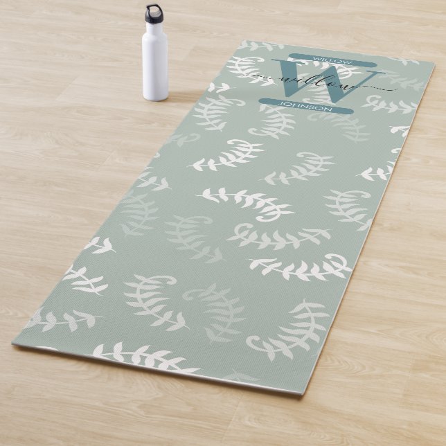 Teal Green Botanical Leaves Monogram  Yoga Mat (In Situ)