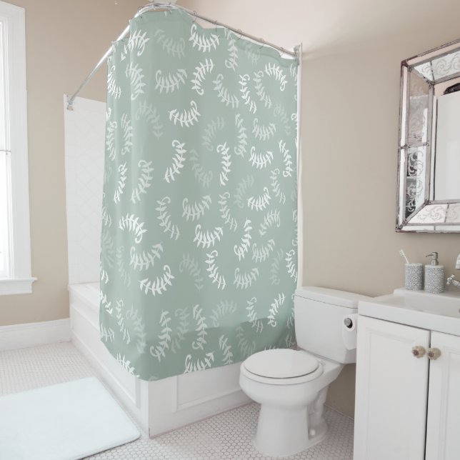 Teal Green Botanical Leaves  Shower Curtain (In Situ)