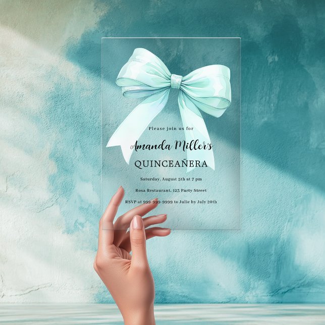 Teal green bow clear Quinceanera Acrylic Invitations (Creator Uploaded)